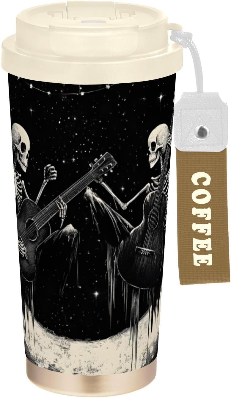 Skeletons Guitar Moon Insulated Coffee Mug with Straw & Flip Lid, 16.9oz Iced Tumbler Cup, Double Wall Vacuum Mug for Travel Office