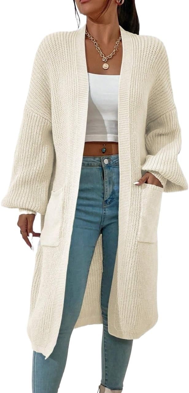 Women's Trench Coat Bishop Sleeve Double Pocket Drop Shoulder Cardigan Long Sleeve Classic Overcoat