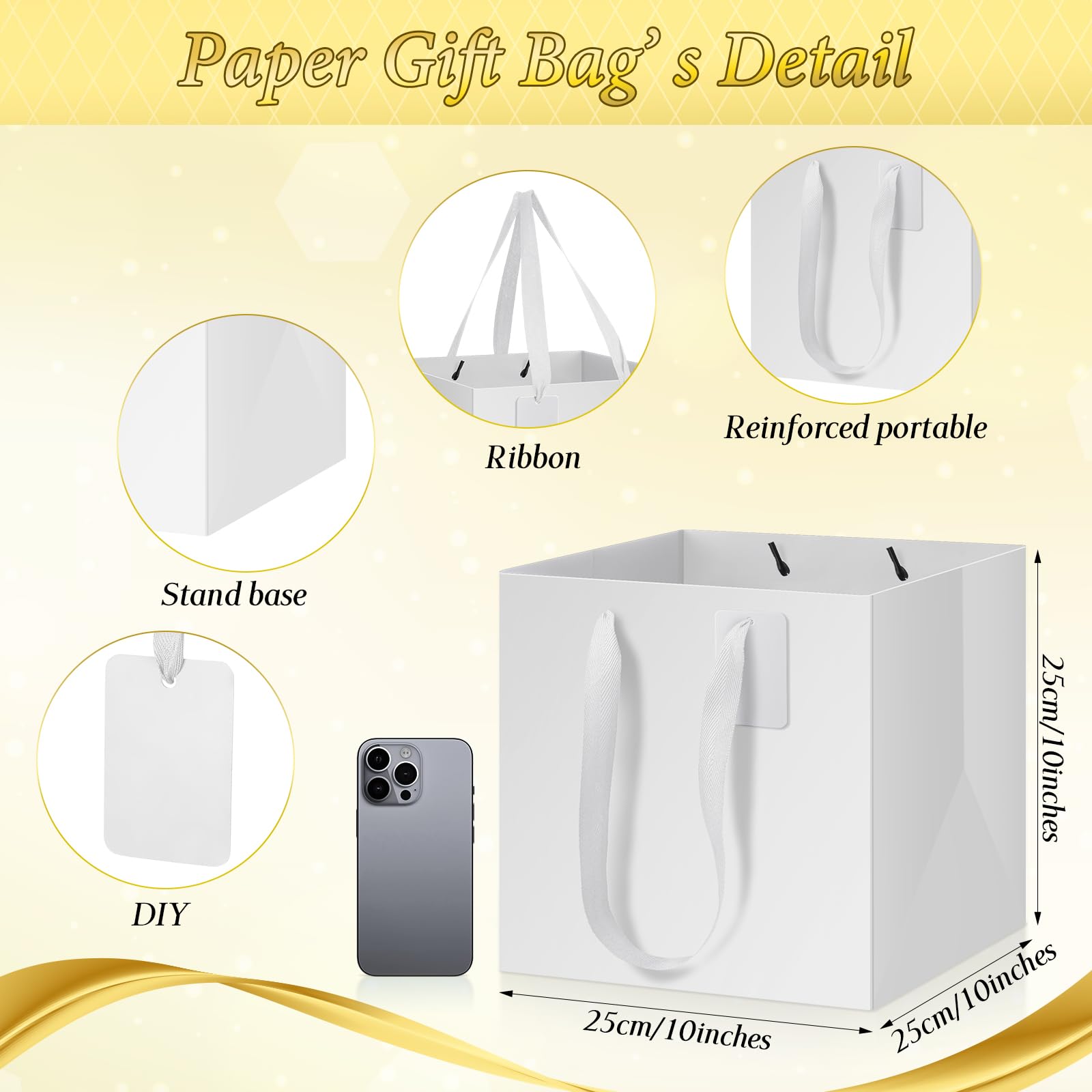 Windyun 50 bolsas de regalo de papel con asa, 25,4 x 25,4 x 25,4 cm, cuadradas, pequeñas, con etiqueta de agradecimiento para cumpleaños, boda, despedida de soltera, dama de honor, fiesta de