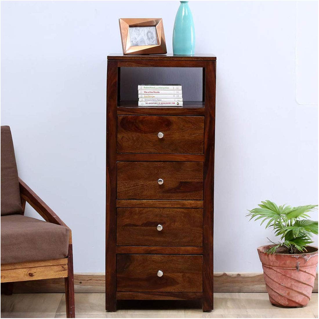 FURNITUREWALLET Solid Wood Chest of Drawers for Living Room | Sideboard with Bookcase with 4 Drawers in Walnut