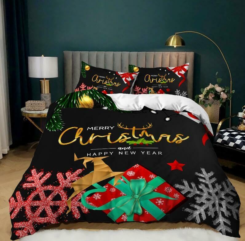 Housse de couette 140x200 et parure de lit 2 taies d'oreiller 65x65 noir