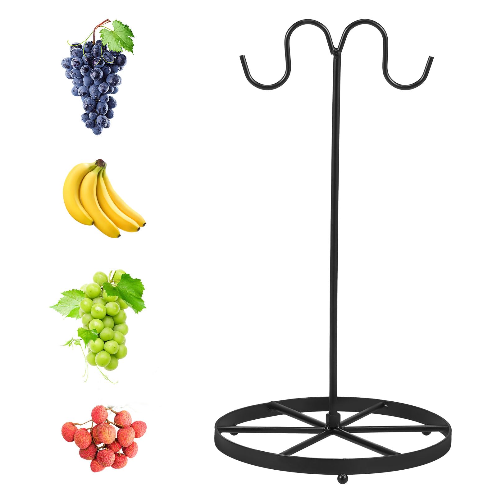 Rhaiqbvc Black Banana Holder Stand, Stable Metal Banana Hanger With Hook, Rust-Proof, Multifunctional Fruit Stand For Kitchen Counter (Double Hook, Height: 33Cm, Base Diameter: 18Cm)