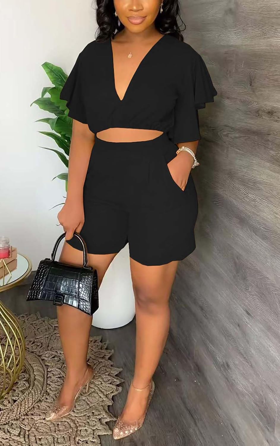 Fooullaide Womens Summer 2 Piece Outfit Set Crop Top Butterfly Sleeve Short Set Sexy Beach Vacation 2pc Sets - Image 2