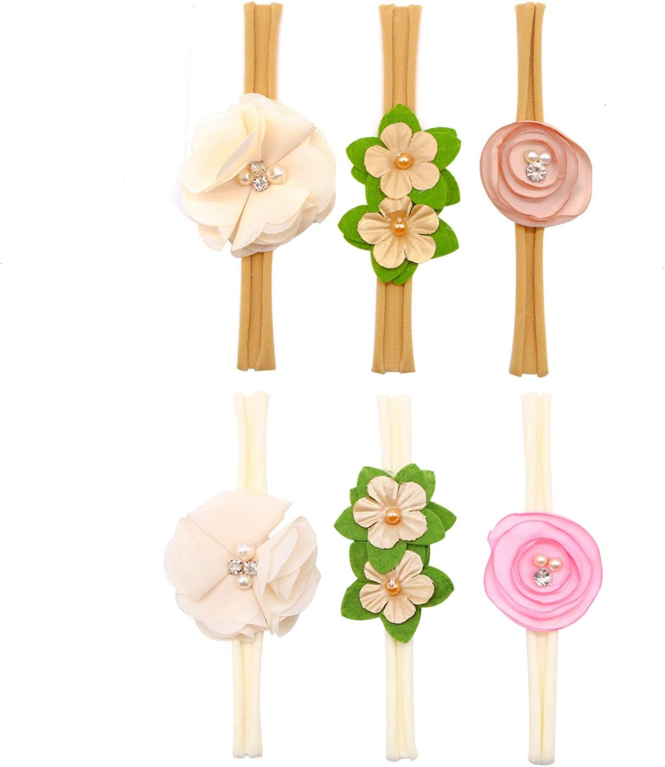 WSSROGY Baby Girl 6 Pcs Headband Set Crystal Pearls Flower Soft Elastic Nylon Hairband Floral Crown Photo Props Hair Ties for Toddler Gift