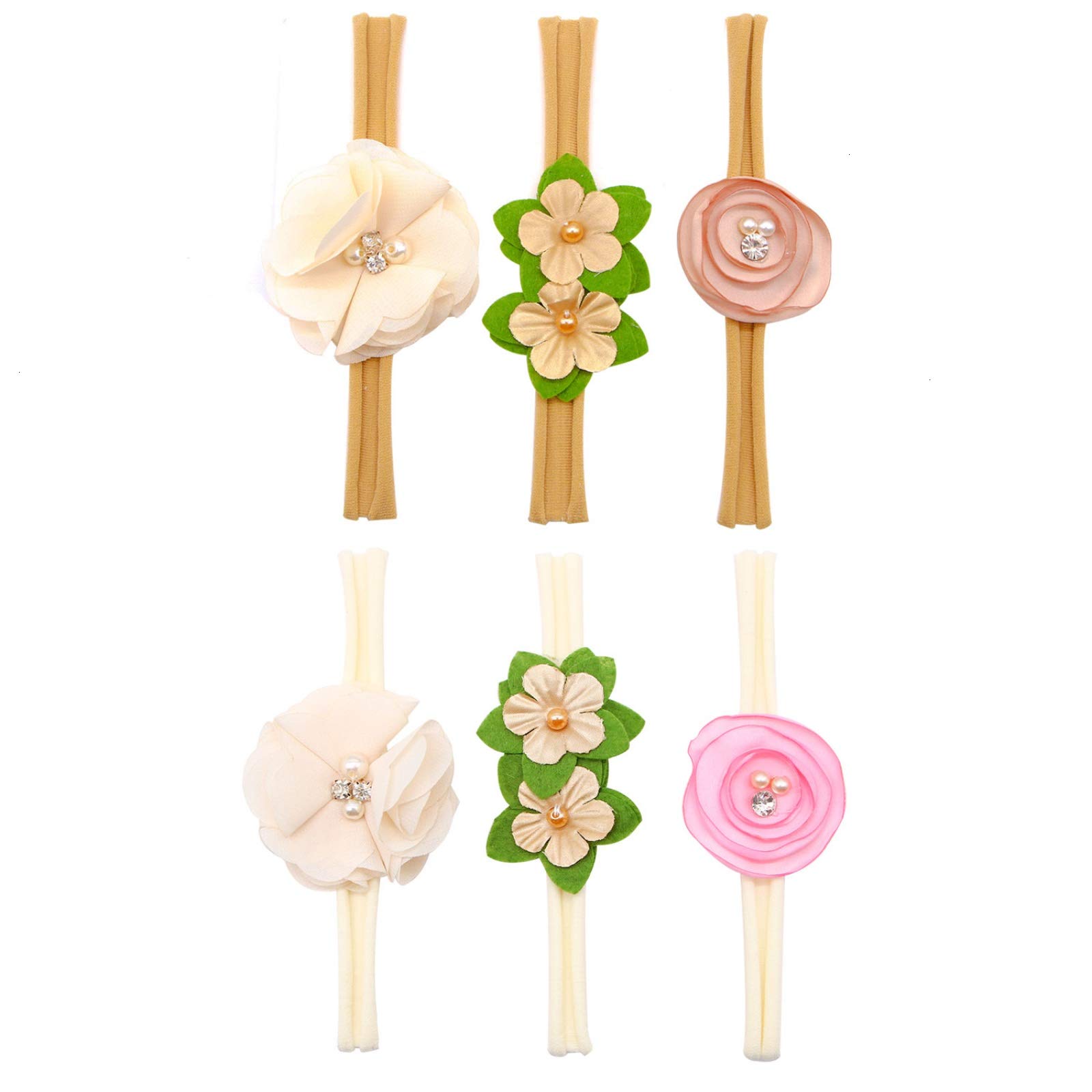 WSSROGY Baby Girl 6 Pcs Headband Set Crystal Pearls Flower Soft Elastic Nylon Hairband Floral Crown Photo Props Hair Ties for Toddler Gift