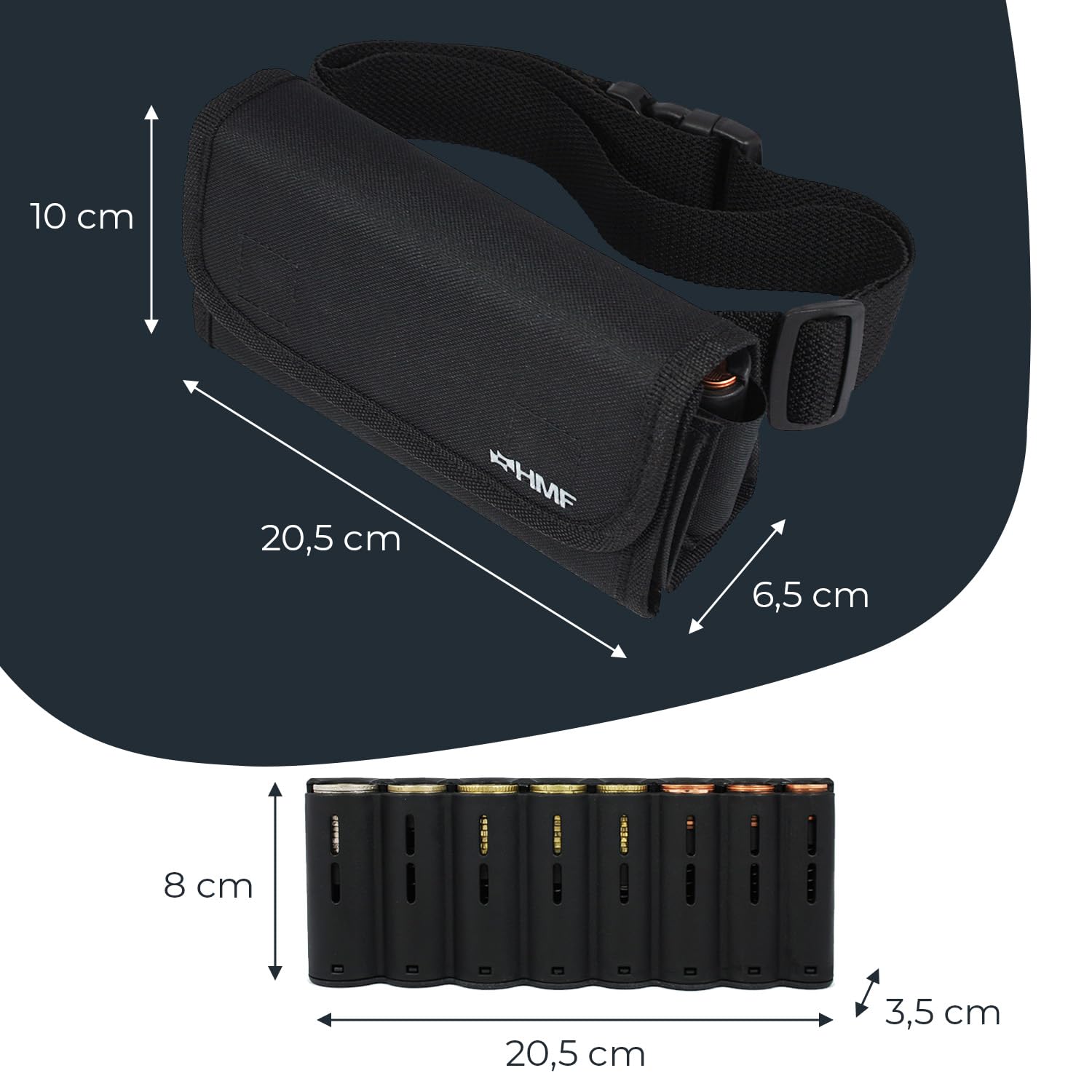 HMF Portefeuille Serveur avec Ceinture Réglable, Porte Monnaie avec Monnayeur Euro | pour Livreur, Chauffeur de Bus, Taxi | 20,5 x 10 x 6,5 cm | Noir