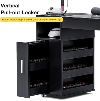 Nail Desk,Nail Table with Dust Collector&Dust Bag&Wrist Rest&Drawer&Cabinet | Professional Manicure Table with Pull-out Locker&Wheels,Glass Tabletop Nail Station Beauty Tech Desk (Black)