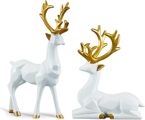 2 adornos de resina tallada de estatua de alce, reno de Navidad, busca fortuna, decoración moderna y retro, postura de pie y sentado, aplicables a