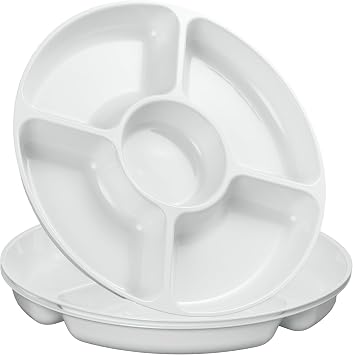 PLASTICPRO 5 Sectional Round Plastic Heavy duty Serving Tray/Platters White Pack of 2