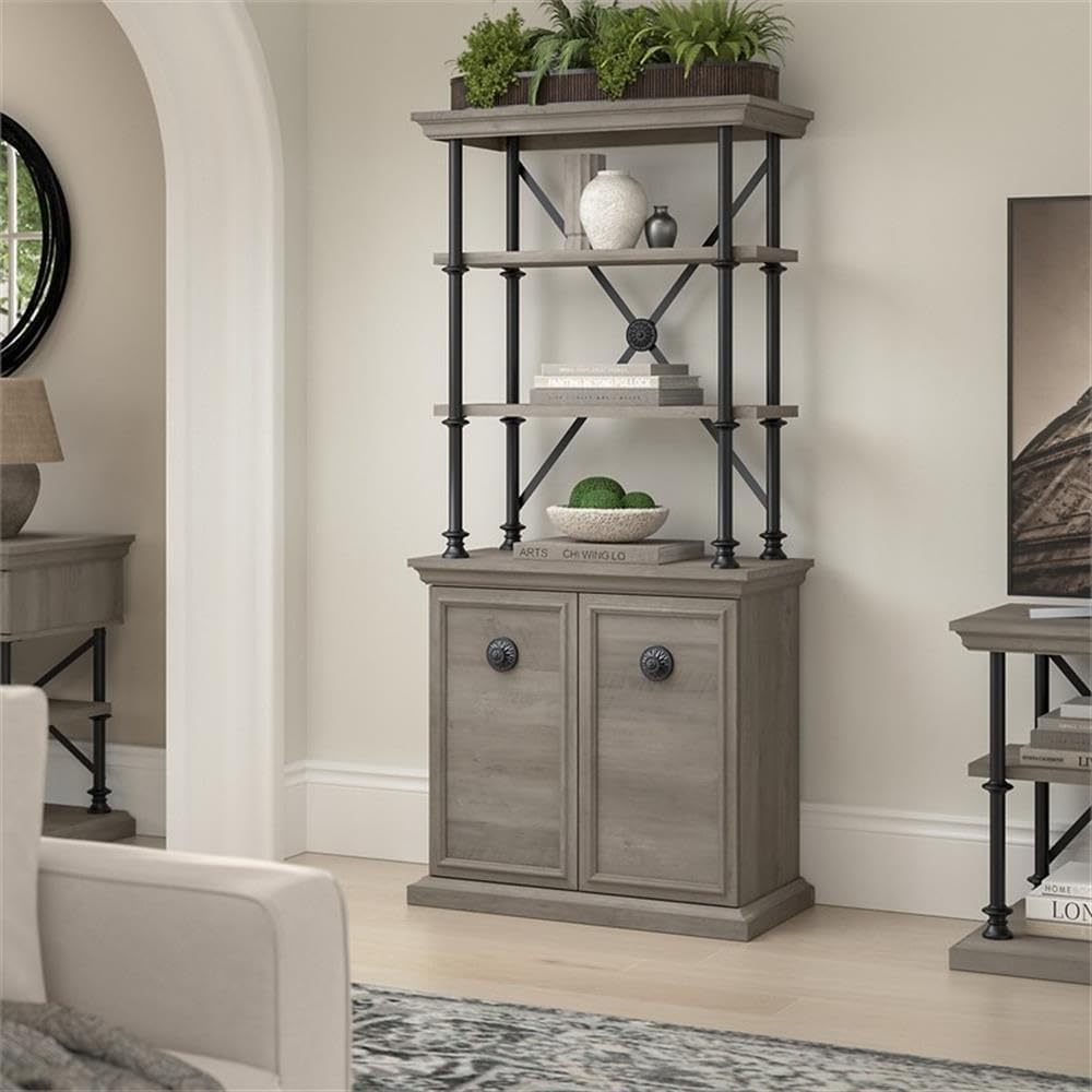 BOWERY HILL Designer Bookcase with Doors, Driftwood Gray Finish, Engineered Wood, Adjustable and Fixed Shelves, Plinth Base, Crown Molded Top, Industrial Style Home Office or Living Room Storage Unit