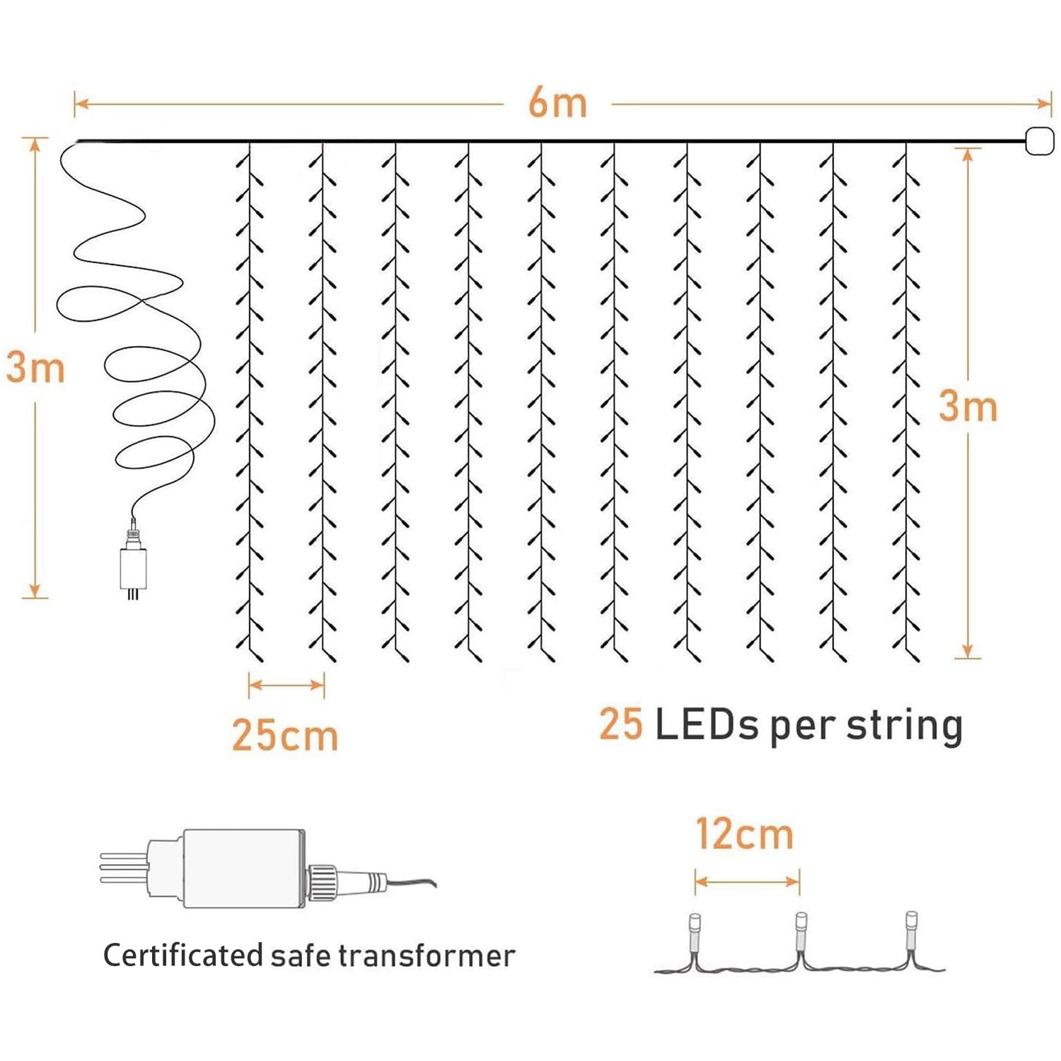 Elegear 6M x 3M Cortina Luces Exterior con Enchufe, Guirnaldas Luz Prolongable, 8 Modos Luz de Cascada para Navidad Natal Boda Fiestas Casa Jardín Patio Balcón Bar, 600 LED, Blanco Cálido