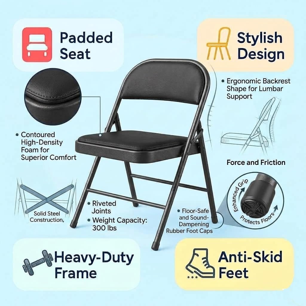 Folding Chairs with Padded Seat & Backrest, Heavy-Duty Steel Frame, Portable & Compact Foldable Chairs, Iran Chair, Waterproof Vinyl Cushion, No Assembly Required, Black 4