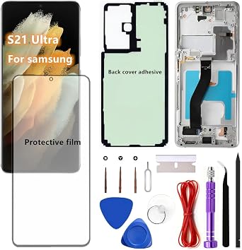 AMOLED for Samsung Galaxy S21Ultra 5G LCD Display Touch Screen Assembly Support Fingerprint Galaxy S21 Ultra SM-S998U SM-S998U1 Screen Replacement with Silver Frame