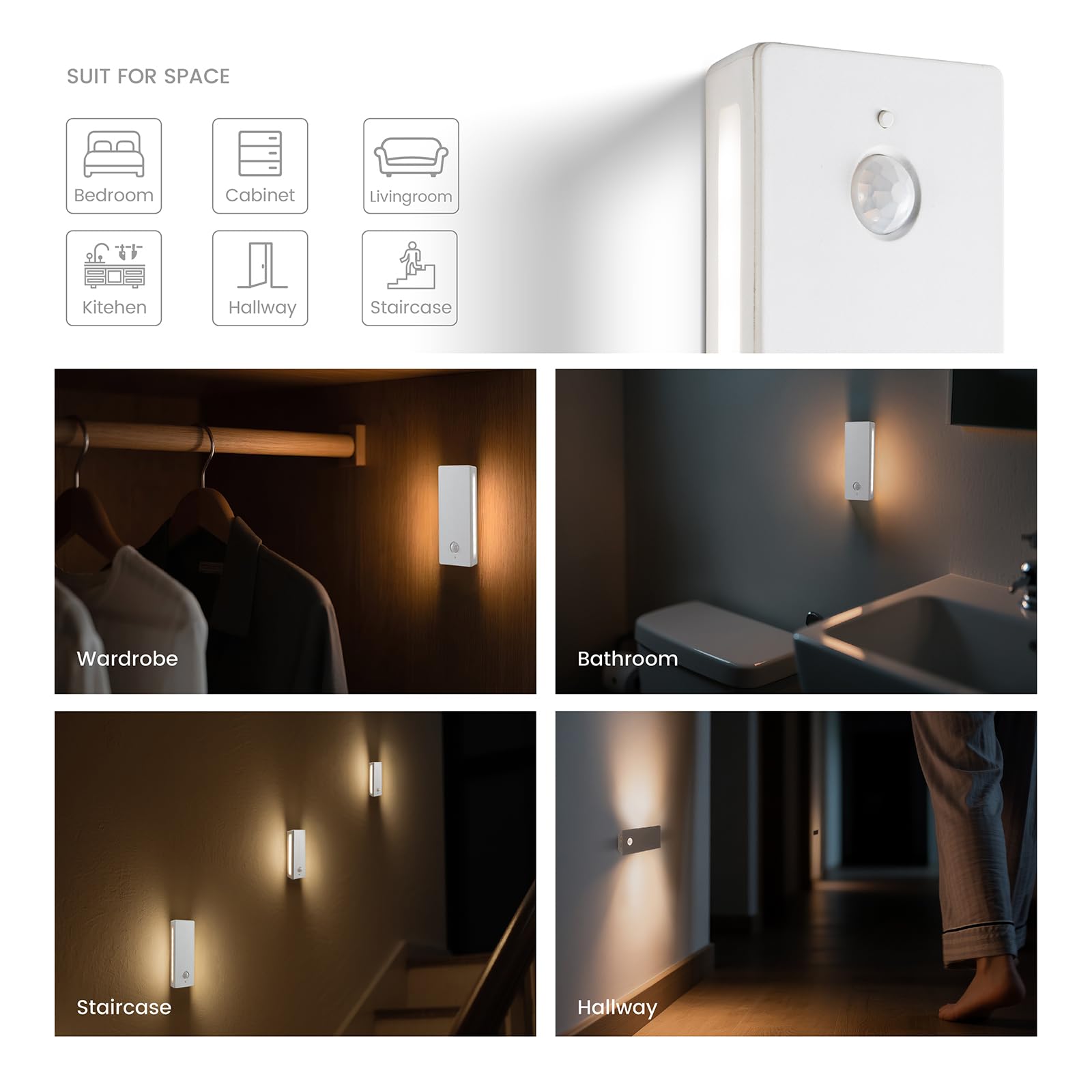 Luce notturna con sensore di movimento retroilluminata a LED, luce notturna ricaricabile, mini luci notturne adesive, luce morbida su due lati, magnetica, regolabile in 3 colori, per camera da letto