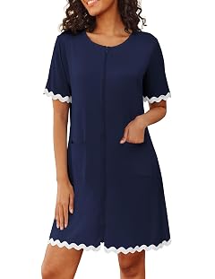 Ekouaer Women Zip Up Robe Lightweight Housecoats with Pockets Knee Length Short Bathrobes Soft Nightgown S-3XL