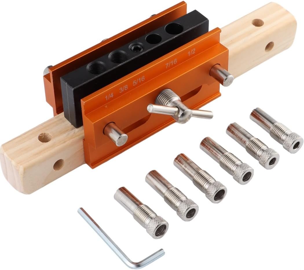 Precision Doweling Jig Kit with 6 Thread Bushings, Adjustable Guide Tool, Self-Centering Locator for Wood Straight Hole Drilling