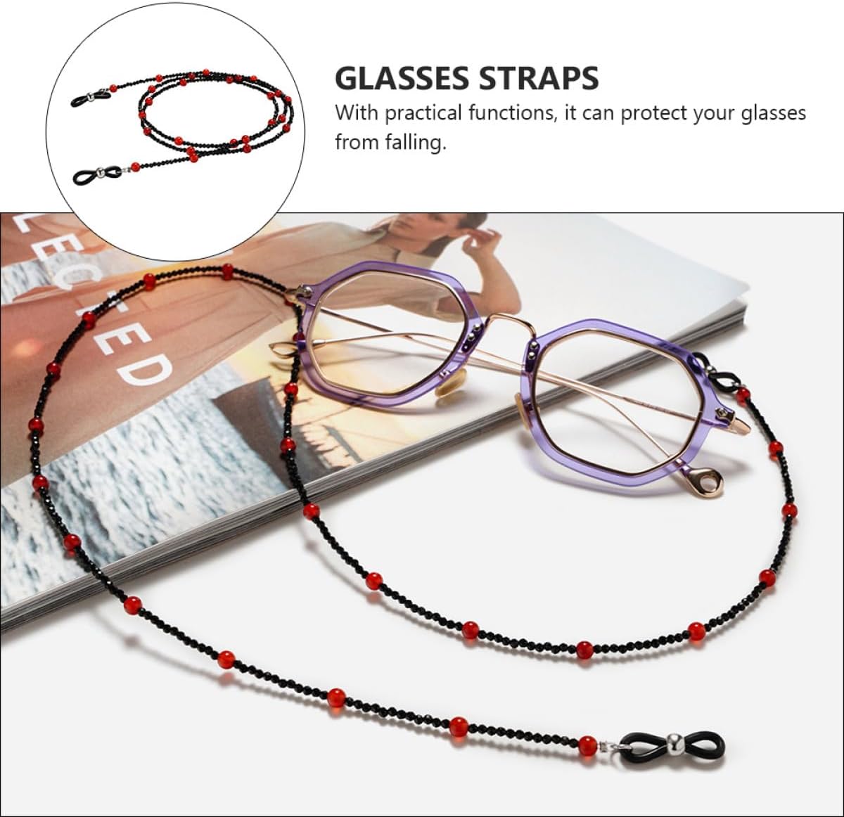 Multifunction Anti Lost Eyeglass Lanyard Beaded Chain Red Handmade Non-Slip Portable Glasses Strap for Women Sunglasses and Reading Glasses