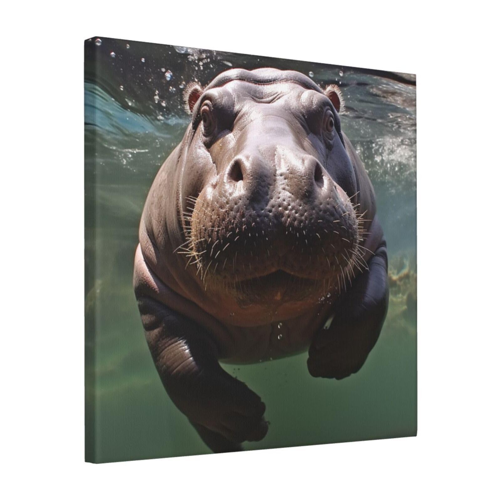 KLOPH Diving Hippo Canvas Wall Art for Living Room 16"x16" Modern Artwork Painting for Bathroom Hanging Canvas Prints Aesthetic Wallart for Bedroom Kitchen Office Wall Decor