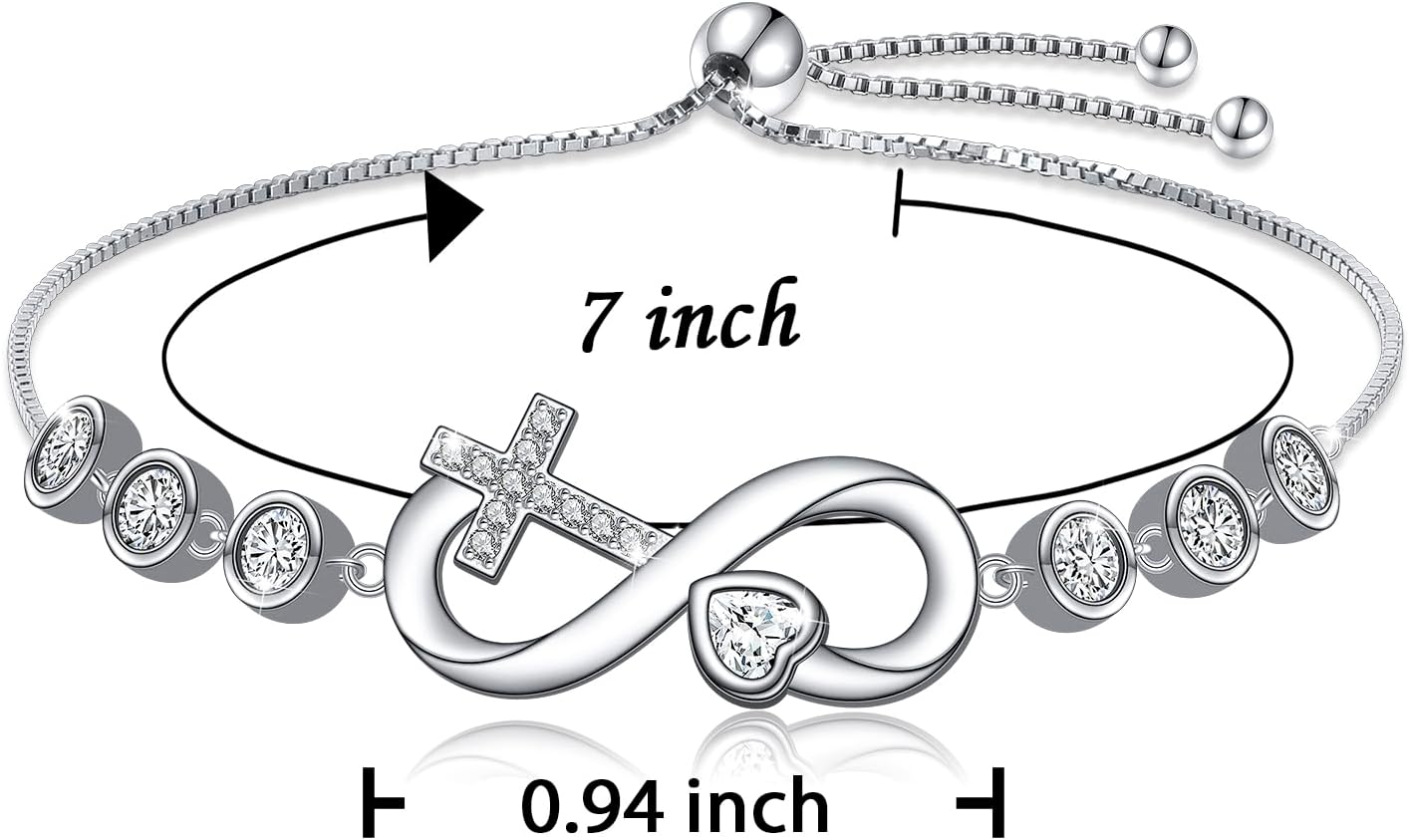 Infinity Heart Bracelet 925 Sterling Silver CZ Cross Heart Infinity Love Bracelet Jewelry Valentine's Day Gifts for Women Girlfriend Wife, 7"+2" - Image 2