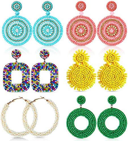 6 Pairs Beaded Drop Earrings Handmade Seed Bead Earrings Bohemian Colorful Earrings Dangle Beaded Statement Earrings Lightweight Beach Dangling Earrings Jewelry for Women Girls