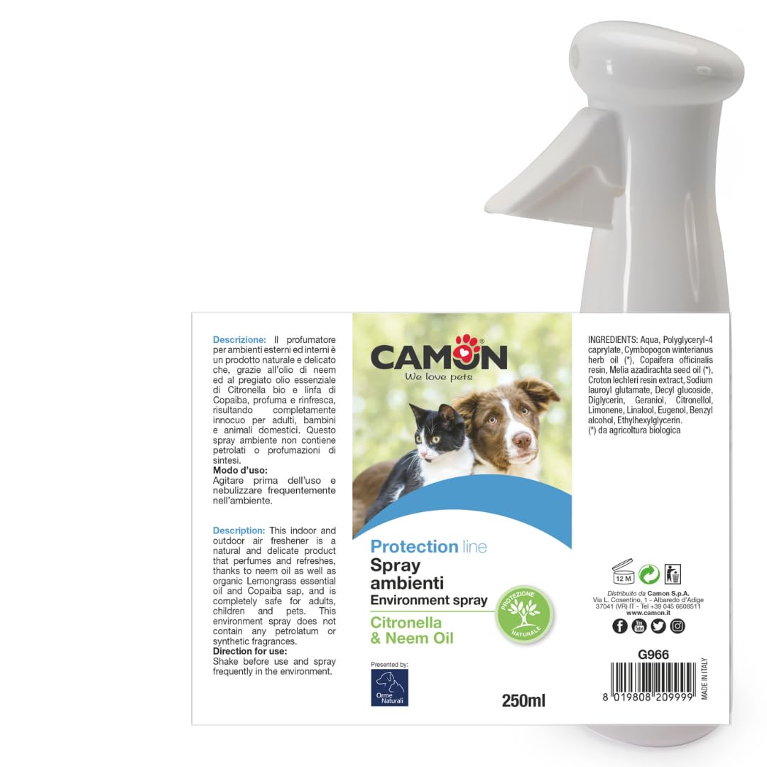 CAMON | Deodorante Spray Ambienti Citronella e Neem, 250ml, Ricaricabile, Per Interni ed Esterni