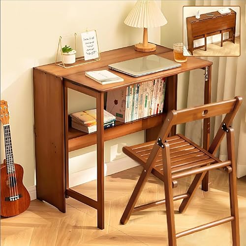 41" Bamboo Folding Desk with Bookshelf, Folding Bamboo Desk for Small Spaces, Computer Table Space Saving, Wooden Desks for Home Bedroom Study Office Bamboos Writing Desks, Brown