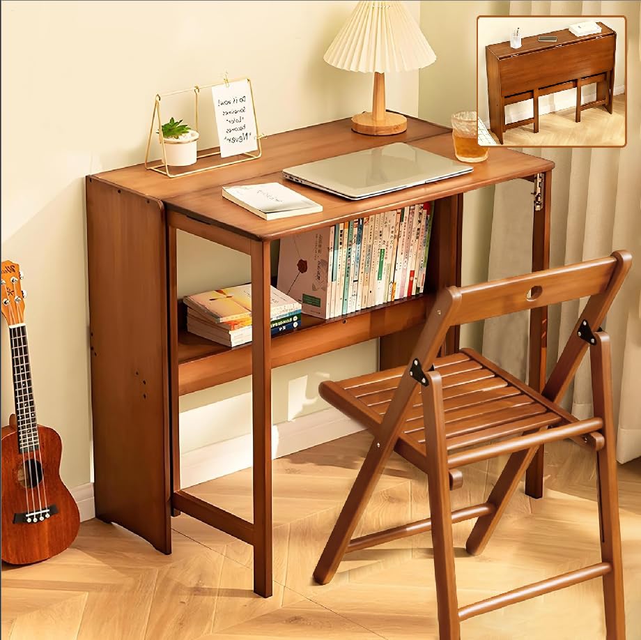 41' Bamboo Folding Desk with Bookshelf, Folding Bamboo Desk for Small Spaces, Computer Table Space Saving, Wooden Desks for Home Bedroom Study Office Bamboos Writing Desks, Brown