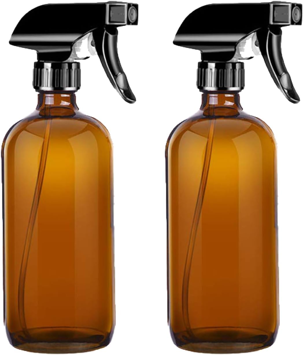 Fohome 2 Pack Amber Glass Spray Bottle, 16OZ Refillable Refillable Container for Essential Oils, Plants, Cleaning Solutions, Hair Mister-Black Trigger Sprayer with Mist and Stream Setting