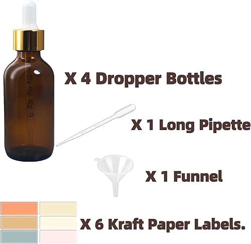 Miniatura 2 de paquete de 4 botellas cuentagotas de vidrio ámbar de 2 onzas, 60 ml botellas de vidrio con cuentagotas medido para aceites esenciales, líquidos -