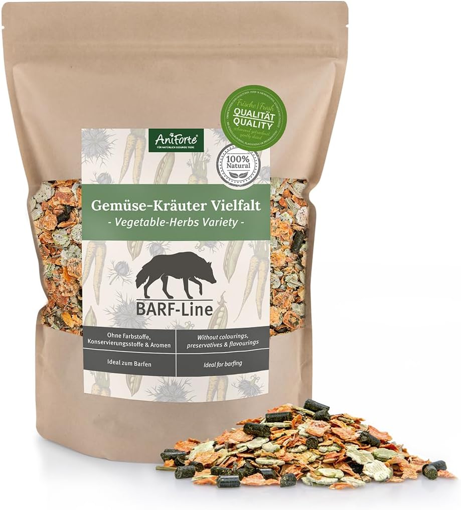 AniForte BARF Vegetable-Herbs Variety 1KG Dog Food Mix: Natural Raw Diet Food Supplement, Gluten Free with Herbs & Fruit