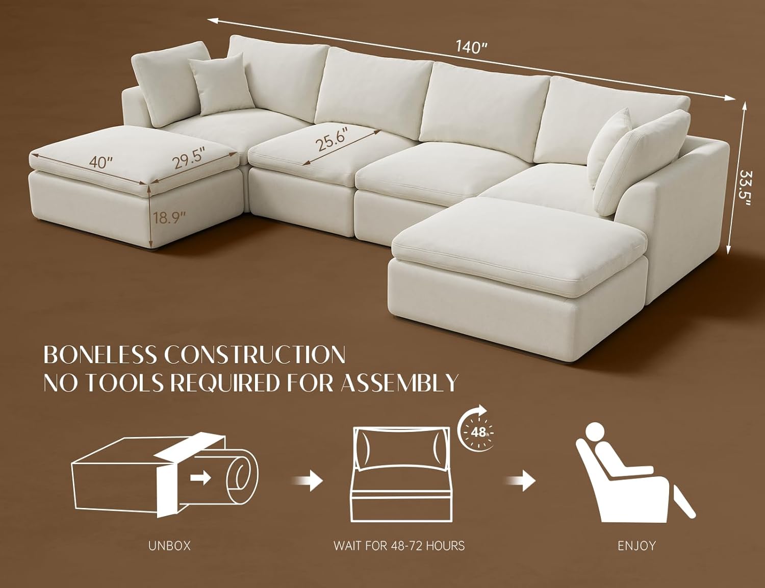 Oversized Cloud Sectional Couches for Living Room, Boneless U Shaped Couch with Ottoman, 4 Seater Modular Sectional Sofa, Warm White Warm White 4 Seater + 2 Ottoman