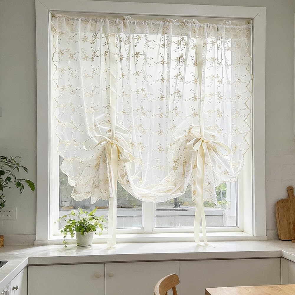 Beige Romantic Little Floral Woven Lace Tie Up Balloon Curtain for Kitchen | Liftable Tier Roman Blind Scallop Edge Lace Cafe Curtain Victorian Drapes for Small Window Balcony Doorway Rod Pocket