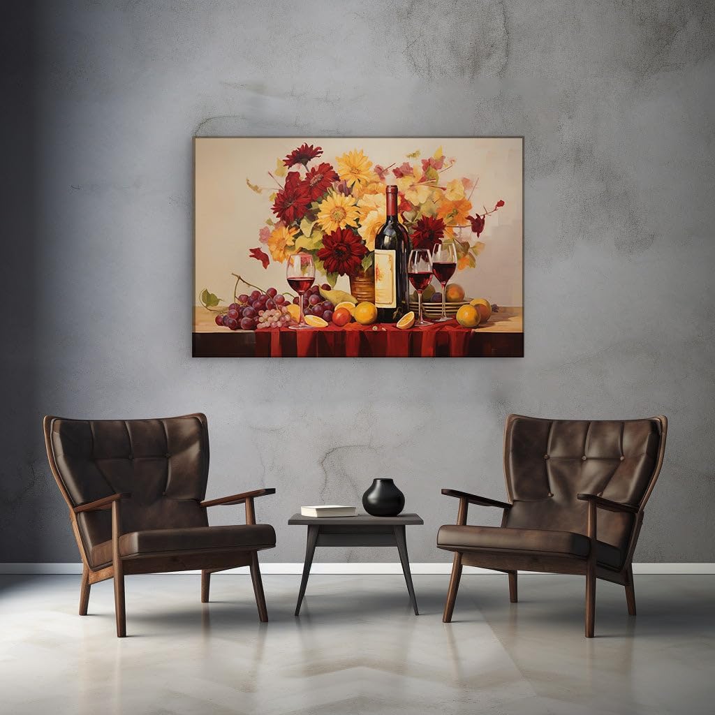 Canvas for Living room. A Harmony of Indulgence - Wine and Fruits in Still Life Serenity, 27 x 18 inch Canvas Wall Art - Contemporary Masterpieces - Modern Home Decor - 69x46 cm (27x18 inch)
