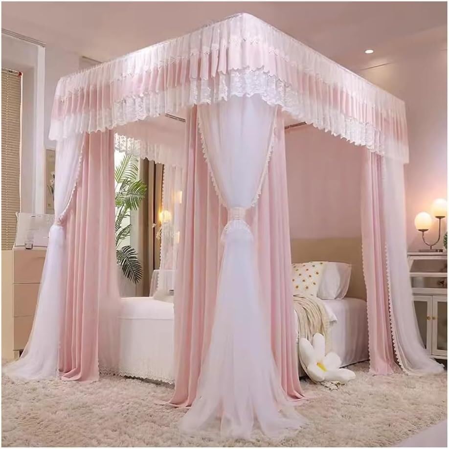 Bed Canopy Mosquito Net Decorative Bed Curtain for Girl's Princess Bedroom with Metal Support (Pink b)
