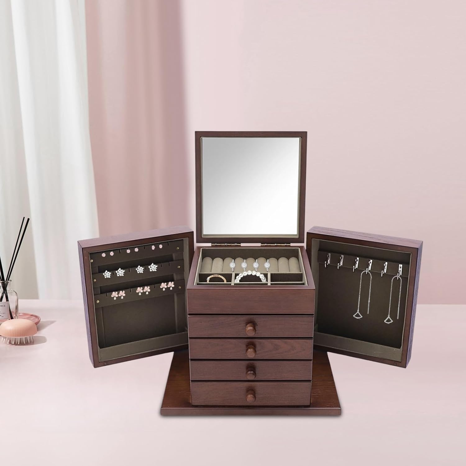 Dark Brown MDF Wooden Jewelry Box, 5-Layer 4 Drawers Organizer Large Jewelry Box with Lock & Mirror - Vintage Style for Rings/Necklaces/Earrings, 11.81in Compact Size (6 Hooks, 27 Pin Slots, 7.05lbs)