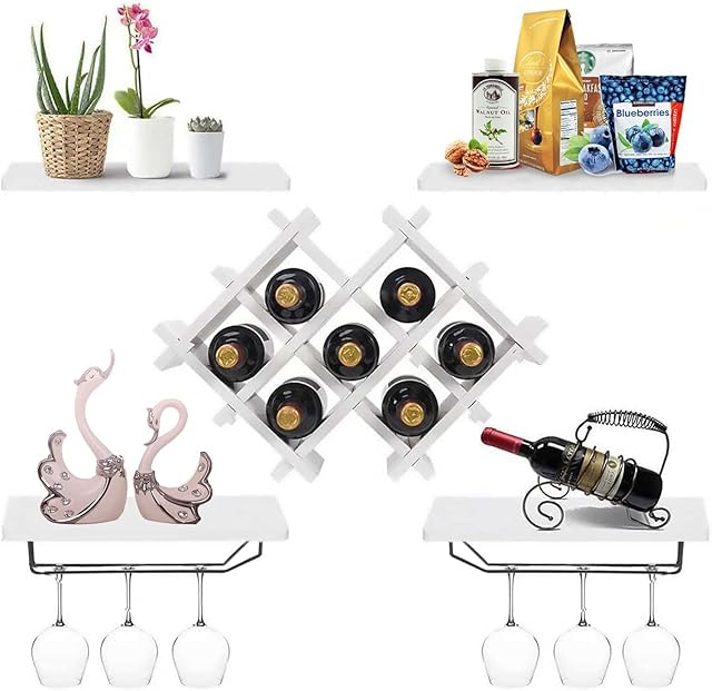 Nisorpa Wine Racks Bottle Holder Wall Mounted, Wooden 7 Bottles Wine Storage Rack Hanging Glass Stand with 4 Display Shelves for Home Bar Cabinet Cupboard Countertop, White