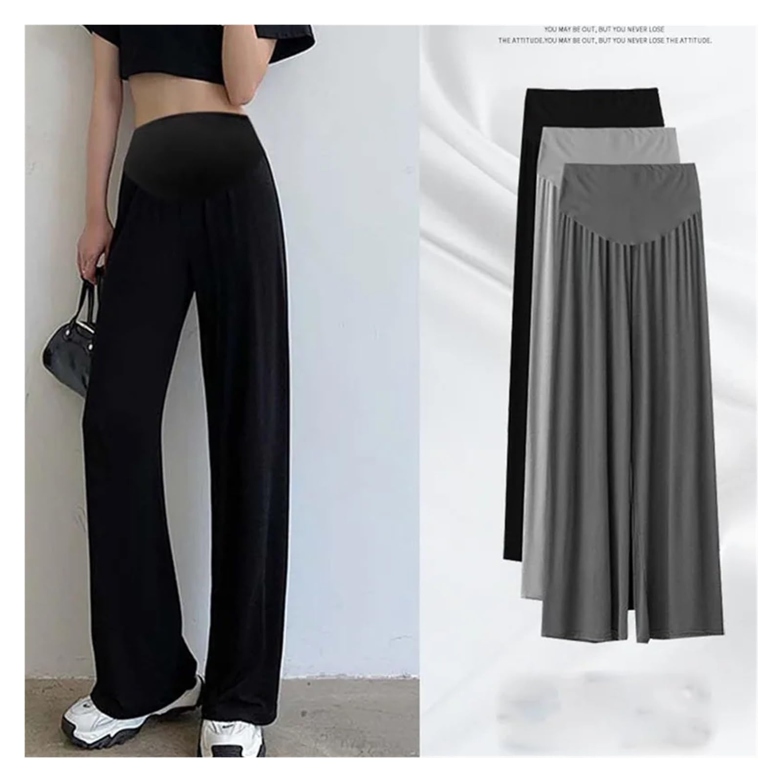 Pantalones de Maternidad de Verano, Pantalones de Seda Helada, Ropa de Maternidad de Verano, Pantalones Anchos, Ropa Exterior Fina, Pantalones Holgados con Pliegues(Grey,M)