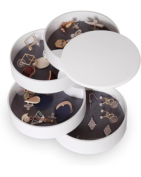 CONBOLA Jewelry Organizer, Small Jewelry Storage Box Earring Holder for Women, 5-Layer Rotating Travel Jewelry Tray Case with Lid for Bracelets Rings Bracelets, Gift for Women Teen Girls(White)
