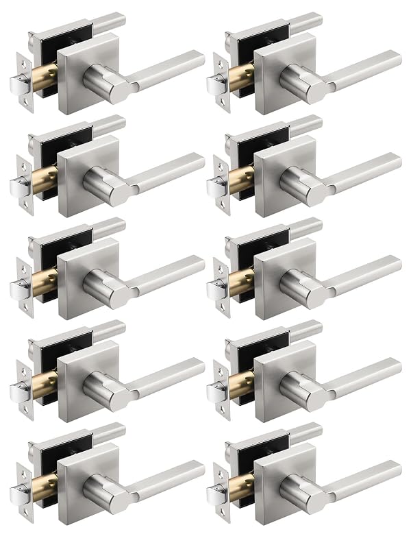 Tinewa 10 Pack Square Brushed Nickel Door Handles Interior, Non-Locking Interior Passage Door Lock Hallway/Closet Door Lever, Heavy Duty Modern Door Handle by Tinewa - Used condition - US$89.89
