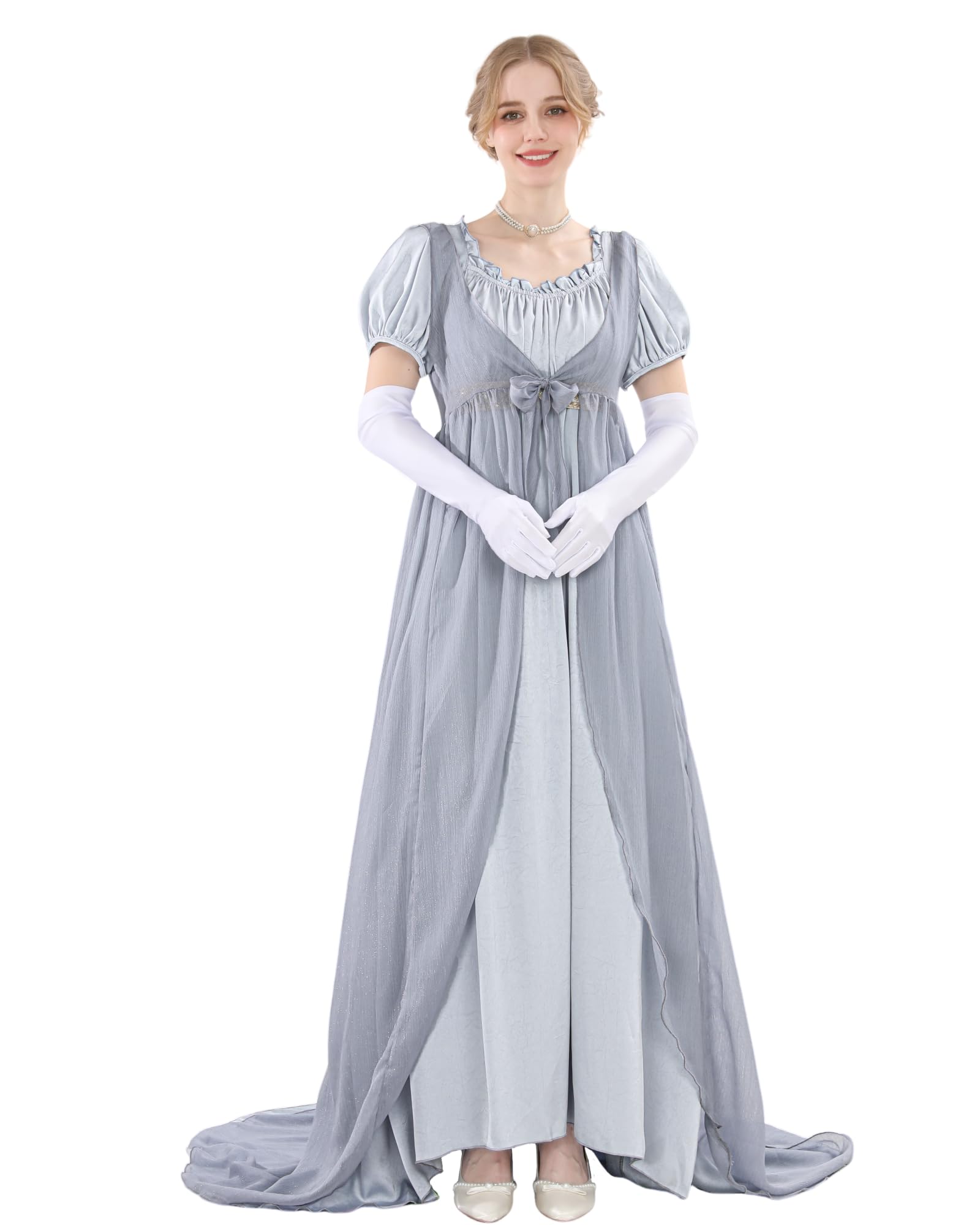Regency Robe de soirée victorienne pour femme - Robe de soirée longue avec couvre-lit, ceinture et gants - Costume pour bal, carnaval, Halloween