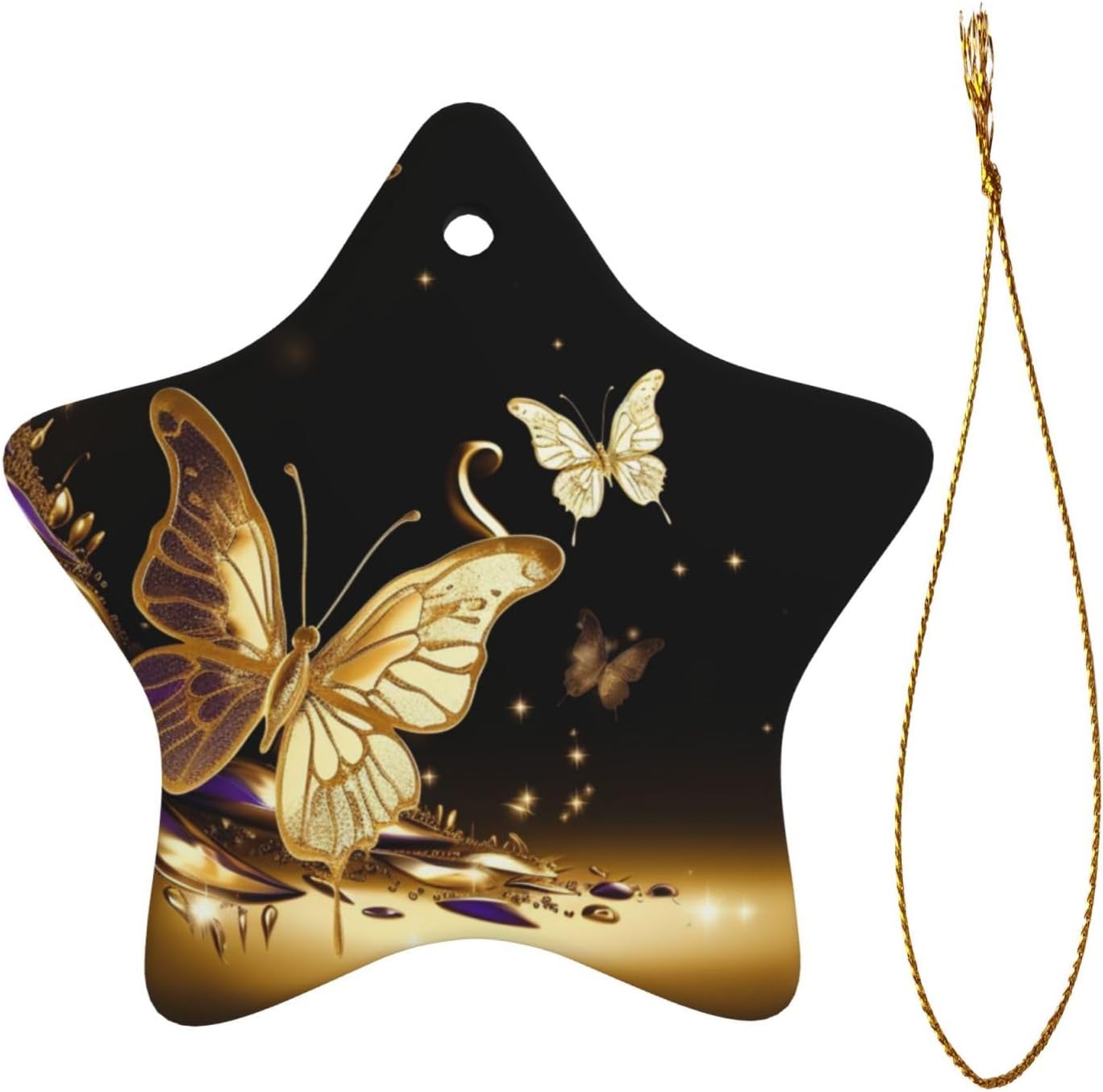 Christmas Ornaments Ceramic Star Shaped Christmas Hanging Ornament Double-Sided Gold Butterflies Print Christmas Tree Pendants for Xmas Tree Fireplace Party Holiday Wedding
