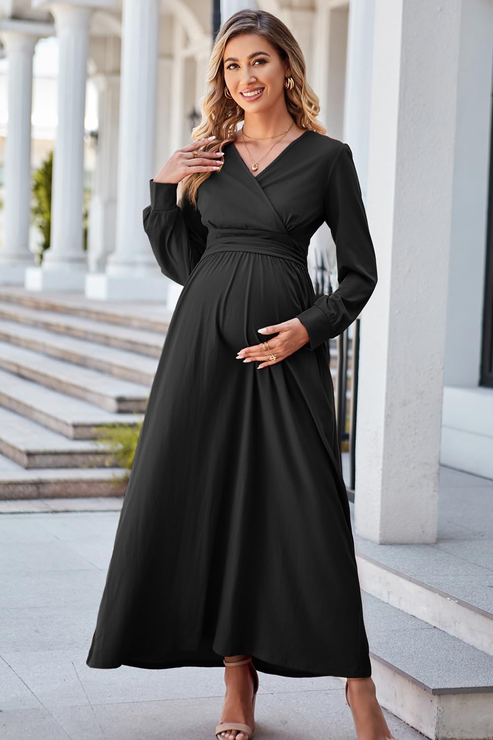 OUGES Fall Maternity Maxi Dress Long Sleeve Wrap V Neck Baby Shower Pregnancy Dresses for Photoshoot Maternity Clothes - Image 3