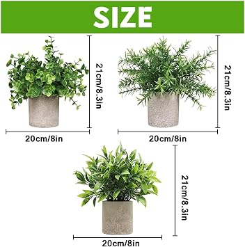 RV MURTS 3 Set Artificial Plants Indoors for Bedroom, Small Plastic Potted Plants, Fake Eucalyptus in Pots, Rosemary, Mini Faux Plant for Office, Desk, Bathroom, Kitchen, Home Sill Decoration Summer.