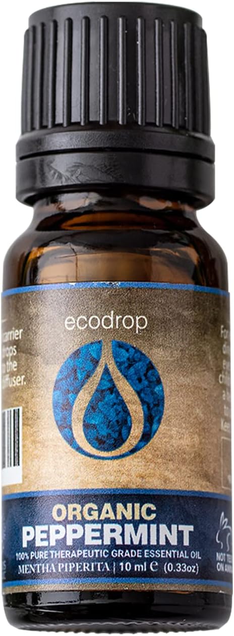 Ecodrop Peppermint Essential Oil I 10ml I Certified Organic and 100% Pure Essential Oils I Natural & Organic with Therapeutic Grade for Aromatherapy I Massage, Diffusers & Bath I e-Book Included