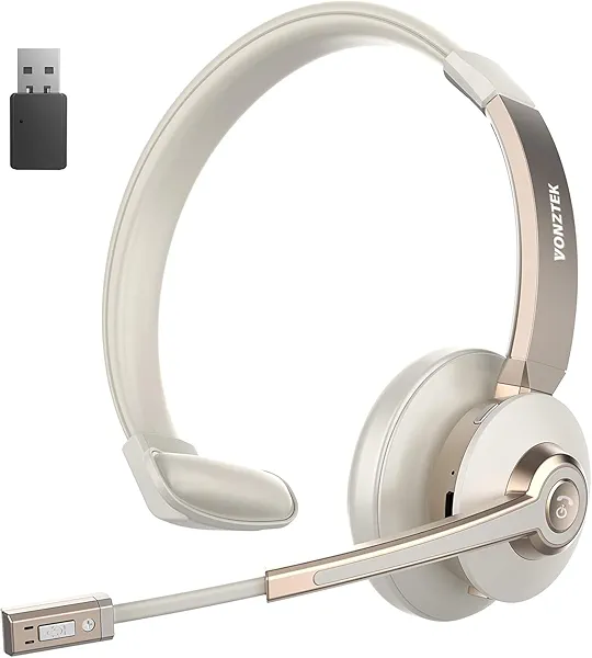 Wireless Headset, Bluetooth Headphones with Microphone Noise Canceling & USB Dongle, Trucker Bluetooth Headset with Mic Mute for Cell Phone Computer Work Office Meetings Teams Skype Call