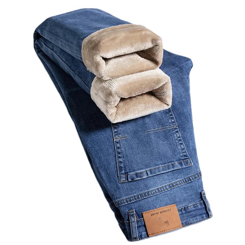 Winter Men's Velvet Thickened Jeans Classic Straight High Waist Casual Elastic Cotton Denim Pants Warm Trousers