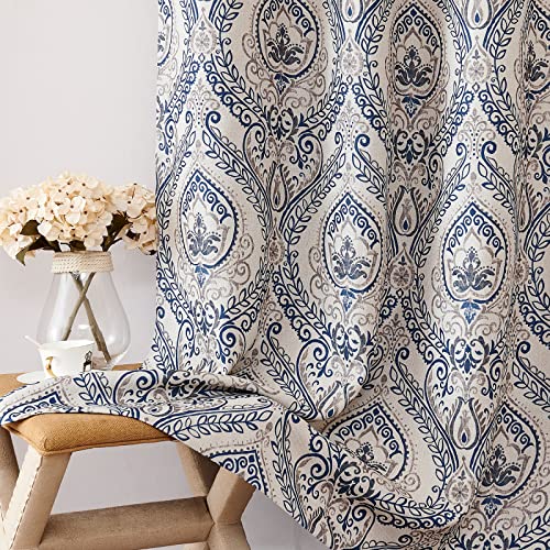 Vangao Damask Curtains 63 Inch Length Paisley Medallion Curtains For Living Room Bedroom Darkening Vintage Linen Textured Window Drapes 2 Panels Blue On Beige #TOP2