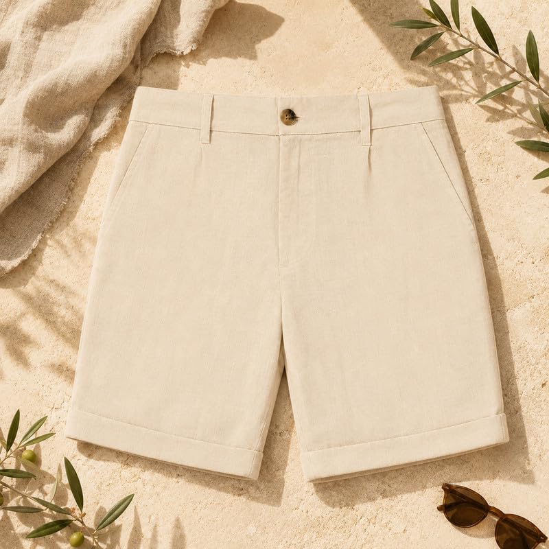 Herren-Bermuda aus Leinen, Kurze Sommerhose Regular Fit, Elegante Casual-Shorts mit Taschen und Umschlagsaum, mediterraner Stil für Strand, Urlaub und Alltag