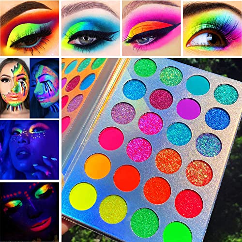 Afflano Neon Makeup Palette Eyeshadow, Glow In The Dark Neon Eyeshadow Palette Highly Pigmented, Party Uv Glow Blacklight Eye Shadow Pallet, Red Orange Pink Bright Pressed Glitter Eyes Makeup Palette #TOP4