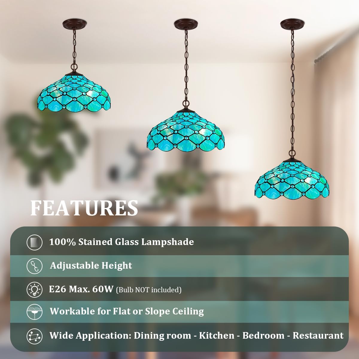 Capulina Tiffany Lamp Stained Glass Pendant Lights 2-Light 16 Inches Wide Seagrass Blue Beads Tiffany Style Hanging Lamp for Kitchen Island Dining Room Hallway Foyer Home Office